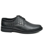 Elegant black leather derby shoe with crocodile print detailing